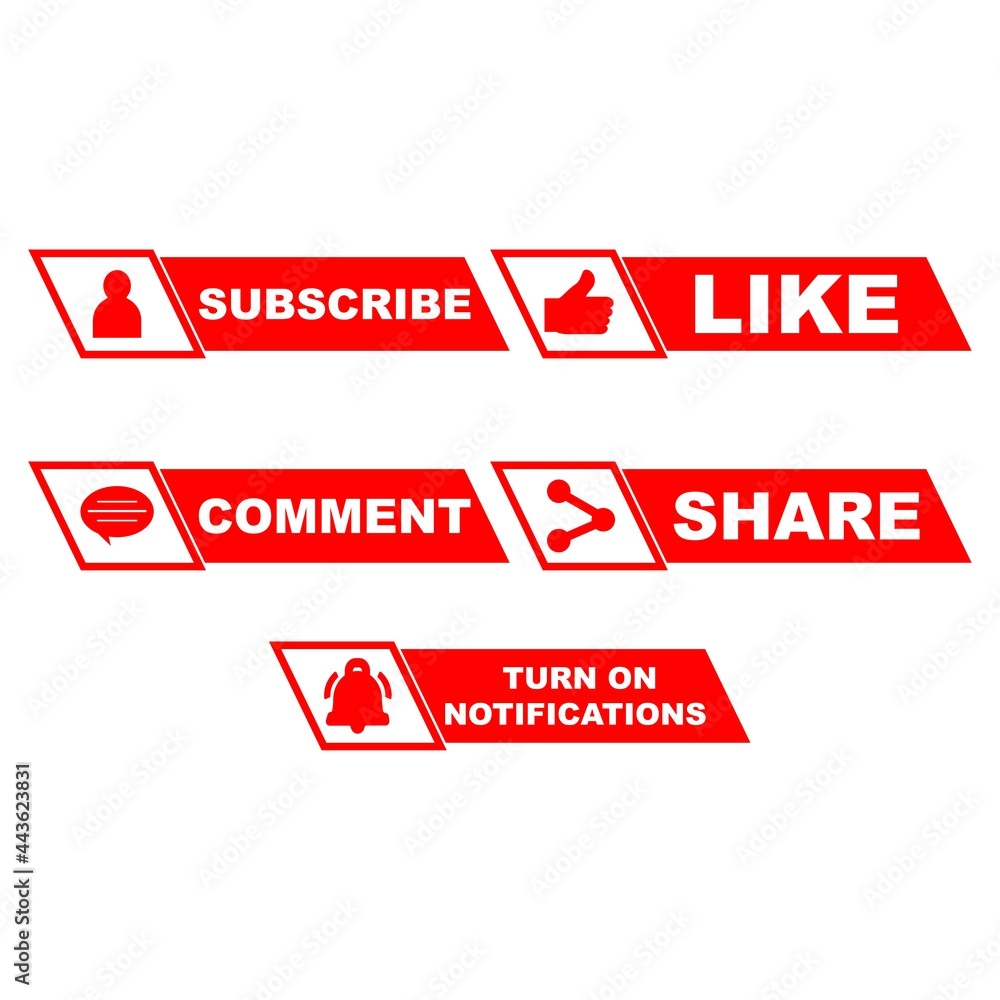 Poster subscribe button stylish collection with multiple shapes. red color button collection with like, com