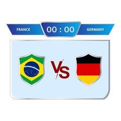 Football game scoreboard stylish collection. Soccer scoreboard with blue color shade and shield shape. Sports scoreboard with national flag. Brazil VS Germany match lower third overlay.