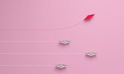 Women's disruption concept. Individual and unique leader pink paper ship changing direction. © ImagesRouges