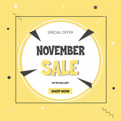 November Sale banner. Sale offer price sign. Shop now. Discount text. Vector