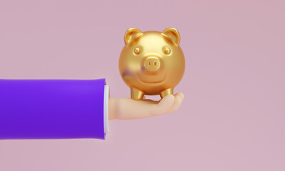Golden pig bank in a man's hand cartoon. Saving concept.