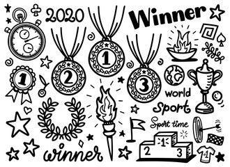 Award doodle. Hand drawn sport games icon set. Cute cartoon drawing. Coloring page. Tokyo 2021. Vector print illustration