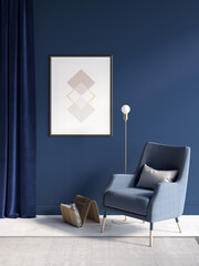 Modern room with sunlight on a blue wall, a vertical poster near the deep blue curtains, a wooden magazine rack and a gold lamp near the armchair, a beige carpet on a white parquet floor. 3d render