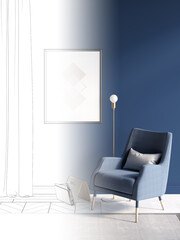 The sketch becomes a real modern room with sunlight on a blue wall, a vertical poster near the blue curtains, a wooden magazine rack and a gold lamp near the armchair, a carpet on a parquet. 3d render