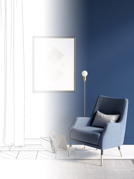 The Sketch Becomes A Real Modern Room With Sunlight On A Blue Wall, A Vertical Poster Near The Blue Curtains, A Wooden Magazine Rack And A Gold Lamp Near The Armchair, A Carpet On A Parquet. 3d Render