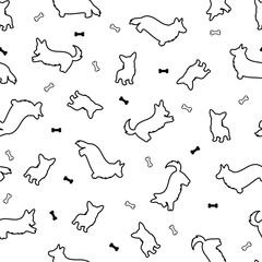 seamless vector pattern with corgi. black outline silhouette on a white background