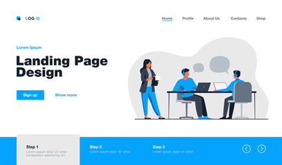 Young operators working in call center isolated flat vector illustration. Cartoon administrator holding clipboard and checking work in office. Customer service and support concept