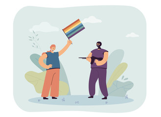 Criminal with gun threatening woman holding rainbow flag. Man with weapon wearing mask flat vector illustration. LGBT community, violence, discrimination concept for website design or landing web page