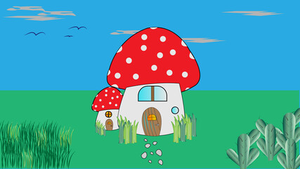 Mushroom houses.Grass, cactus, clouds, birds.Fantasy illustration,flat image.