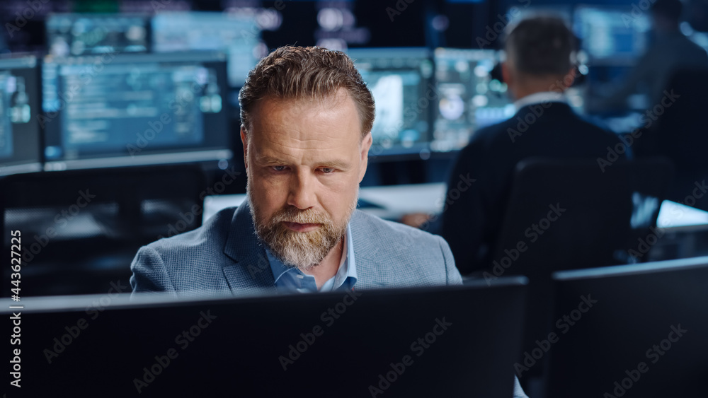 Poster Portrait of Positive Professional Technical Controller Sitting at His Desk with Multiple Computer Displays Before Him. In the Background His Colleagues Working in System Control and Monitoring Center.
