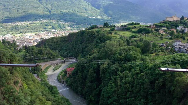 Aerial 4K - Sondrio in Valtellina, cable-stayed bridge construction in Cassandre