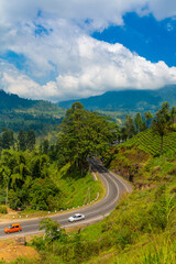 scenery road through green hills and tea plantations. Sri Lanka natural landscape
