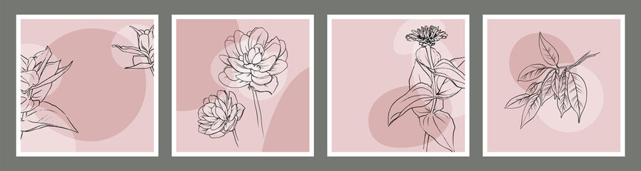 Set of vector backgrounds with wild flowers, plants, lotuses and leaves.