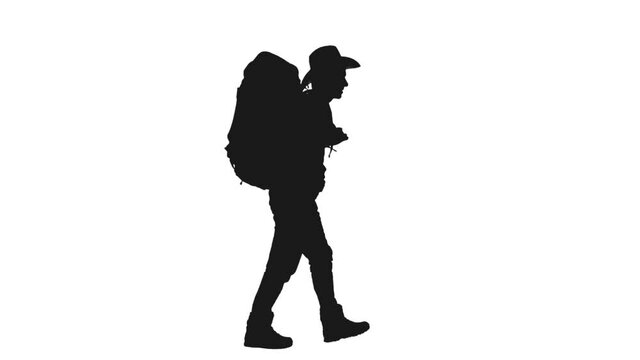 Black and white silhouette of hiker in cowboy hat walking with rucksack, Full HD footage with alpha transparency channel isolated on white background
