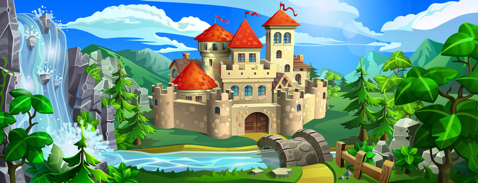 Medieval fairytale castle with red roofs, stone walls and towers. The castle stands among green hills, mountains, near a river and a waterfall. 