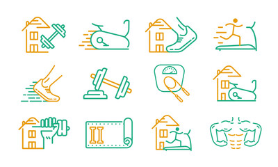 Fitness related icon set. Colorful linear set. Sport icon with sneakers, weight, body and more. Running sign. Editable logo.