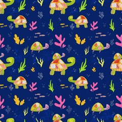 Fototapeta na wymiar Seamless pattern, funny turtles on dark background. Designs for clothing, fabric, and other items.