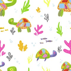 Seamless pattern, funny turtles on light background. Design for clothing, fabric and other items.