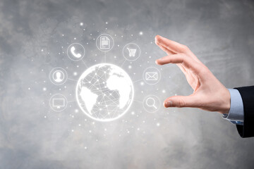Business man hiold, use,press infographic icon of community technology digital.Concept of hi tech and big data. Global connection.IoT Internet of Things . ICT Information Communication Network .