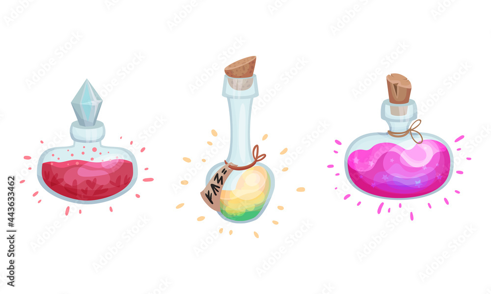 Poster glass bottles and jars with potion corked with bottle cap vector set