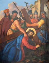 VIENNA, AUSTIRA - JUNI 17, 2021: The painting Jesus fall under the cross  as part of Cross way...