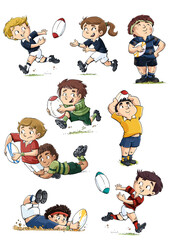 Illustration of children Rugby players in different poses
