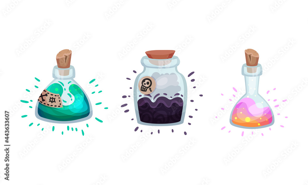 Poster glass bottles and jars with potion corked with bottle cap vector set