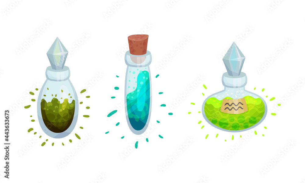 Poster glass bottles and jars with potion corked with bottle cap vector set
