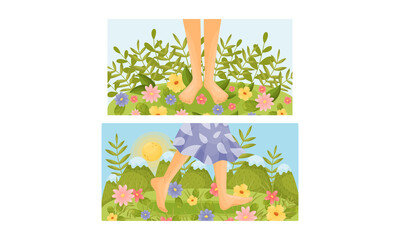 Bare Feet Walking Through the Field or Meadow Touching Soft Green Grass Vector Scene Set