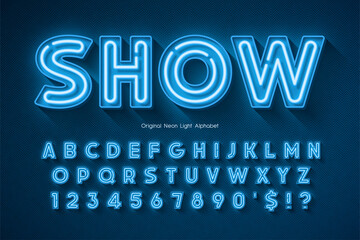 Neon light 3d alphabet, extra glowing origainal type. © Aleksandr