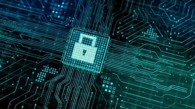 Microchip processing data through computer motherboard circuit with fully protection pad lock symbol, 3d rendering abstract Cyber Security safety animation, CPU hardware firewall technology concept