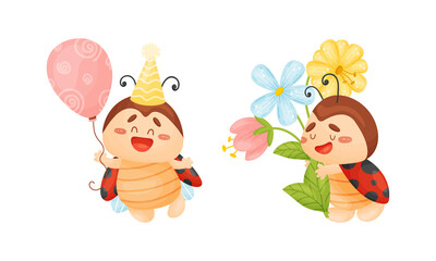 Cartoon Ladybug Holding Bunch of Flowers and Balloon Vector Set
