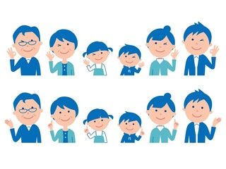 六人家族  横並び  上半身  OKポーズと指差しポーズ  ブルー系