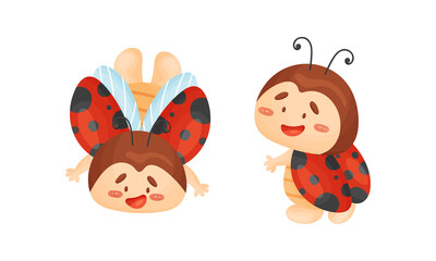 Cartoon Ladybug Flying with Spread Wings and Standing Vector Set