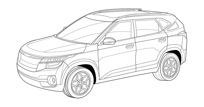 recommend clip art: Vector line art car, concept design. Vehicle black contour outline sketch illustration isolated on white background. Stroke without fill. Cower drawing. Black-white icon.