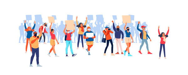 Parade rights, adult picket and strike. Activists with placards, peaceful rights protest, manifestation, men and women parade participation. People hold banners. Cartoon Flat vector illustration