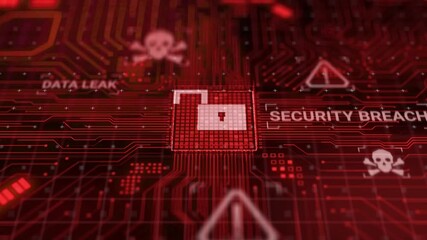 Hacker attack computer hardware microchip while process data through internet network, 3d rendering insecure Cyber Security exploit database breach concept, virus malware warning screen animation - Powered by Adobe