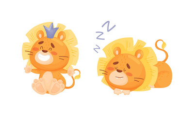 Cartoon Lion Cub Playful Character with White Teeth and Thick Mane Vector Set