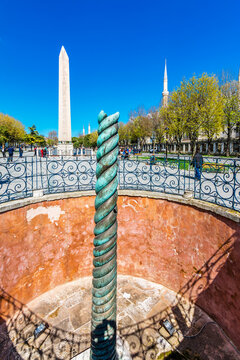 The Obelisk of Theodosius and Serpent Column view at Sultanahmet District in Istanbul. Sultanahmet populer tourist attraction in Istanbul.