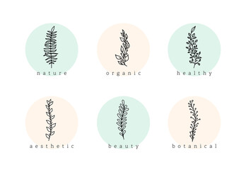 Naklejka premium Botanical Minimalist Hand Drawn Floral Logo Elements Vector Set. Natural doodle branches with circle background, template story highlight icon for cosmetics, fashion, yoga