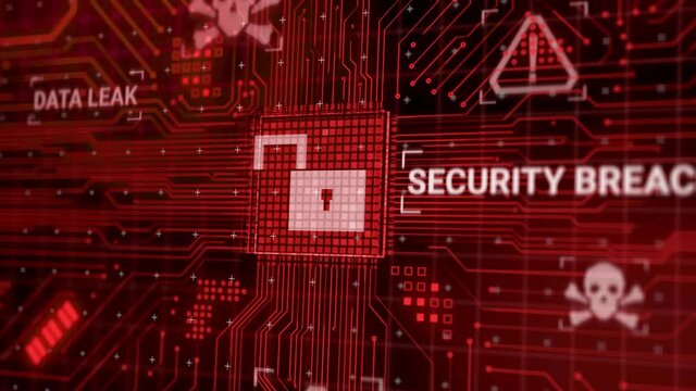 Hacker attack computer hardware microchip while process data through internet network, 3d rendering insecure Cyber Security exploit database breach concept, virus malware warning screen animation