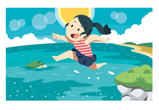 ジャンプする少女と海と太陽のイラスト素材