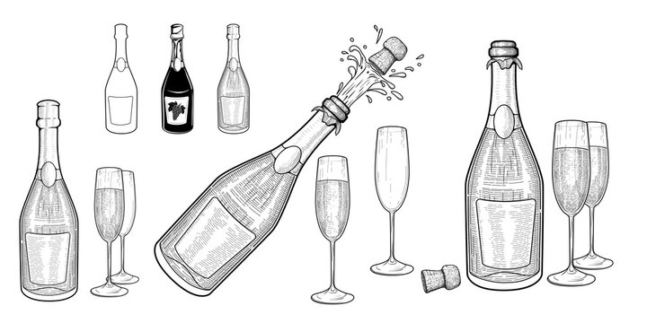 Festive set with champagne in vintage style. Graphic drawing for banner, postcard, poster. Shamanskoe. Explosion of a bottle of champagne. Champagne glasses.