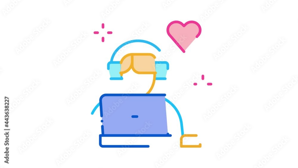 Poster man in headphones at computer icon animation. color man in headphones at computer animated icon on w