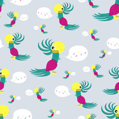 Pattern of adorable parrot singing song. Bird character with bright green and purple feathers. vector illustration.