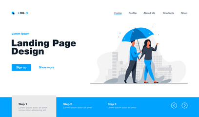 Young couple walking under umbrella in rainy day. City, date, street flat vector illustration. Weather and urban lifestyle concept for banner, website design or landing web page