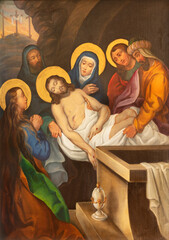 VIENNA, AUSTIRA - JUNI 17, 2021: The painting  Veronica wipes the face of Jesus as part of Cross way stations in church Rochuskirche by unknown artist.