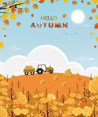 Schilderijen op glas Cute cartoon Hello Autumn forest with bright light on sunny day, Mid autumn Harvest landscape farm field, tractor, haystack, hill and maple leaves falling with yellow foliage, fall season background © Anchalee