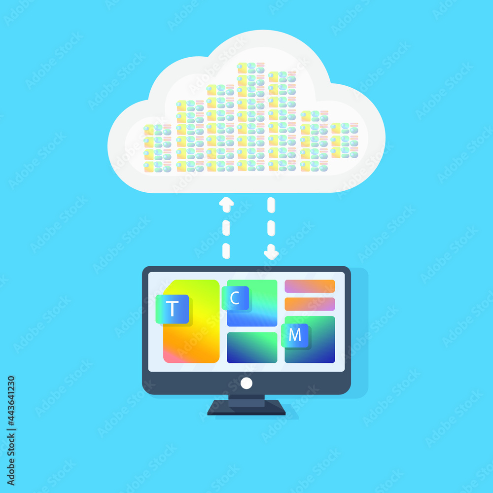 Poster computer with colored files on the screen and cloud storage on a blue background. cloud storage conc