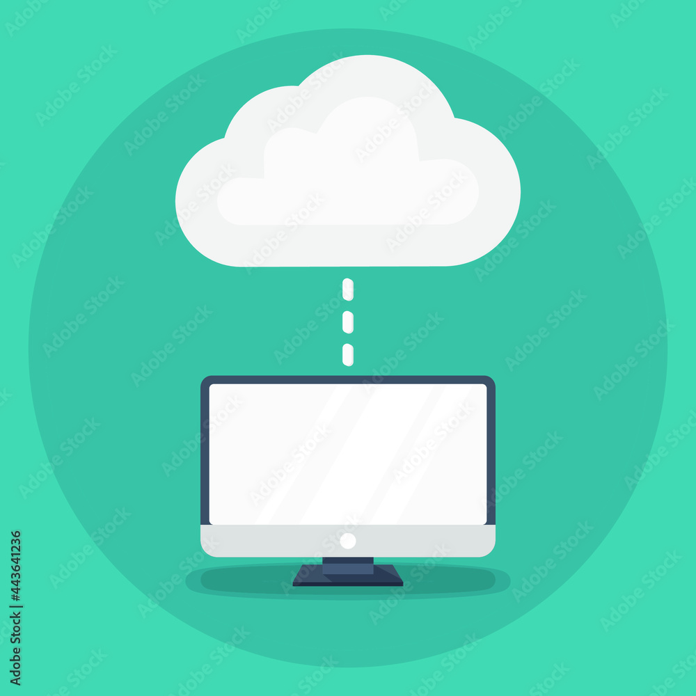 Fototapete computer with cloud and connection between them on a green background with a long shadow. cloud stor
